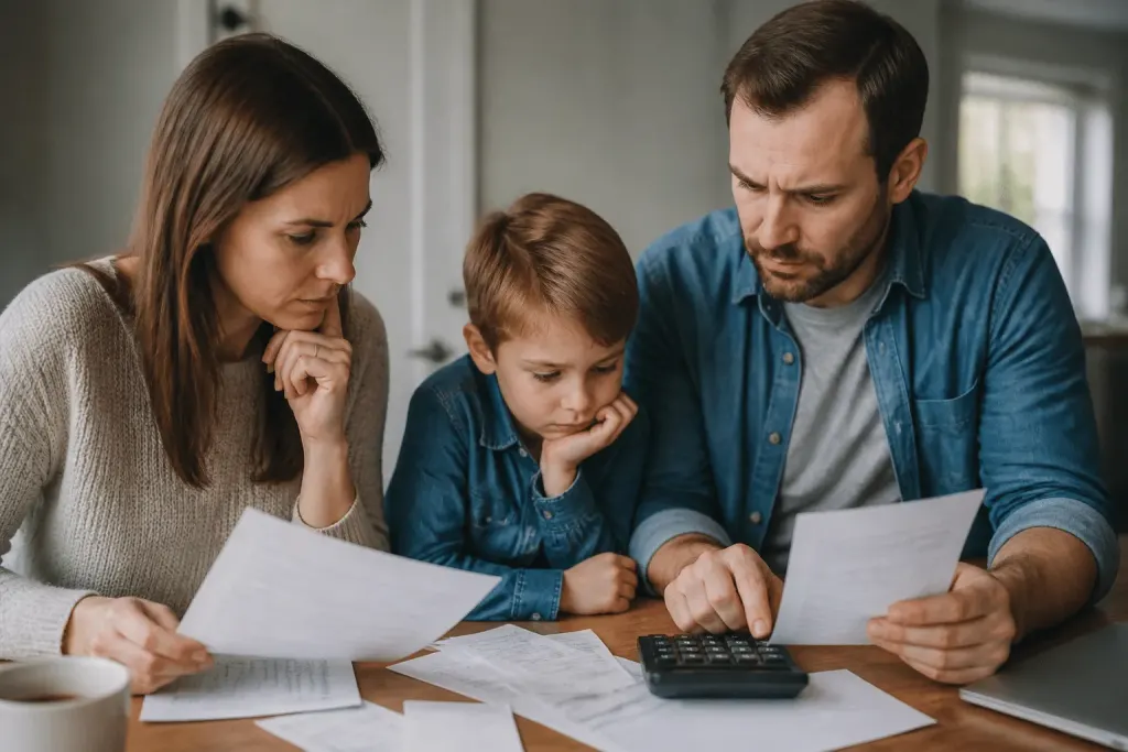 Famille consultant documents hypothecaires avec calculatrice immobiliere