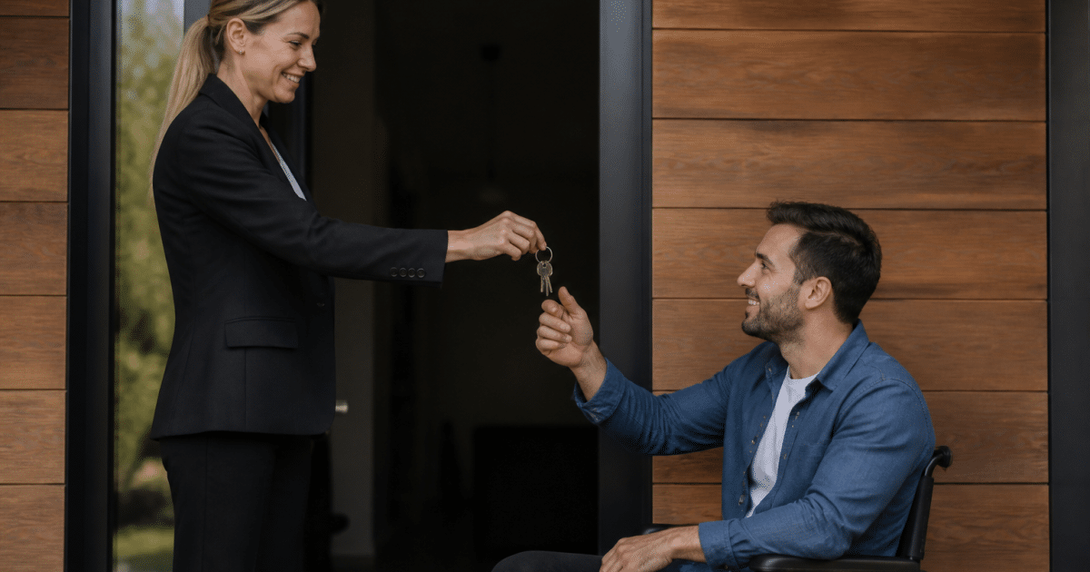 Agent immobilier remettant cles maison a client en fauteuil roulant