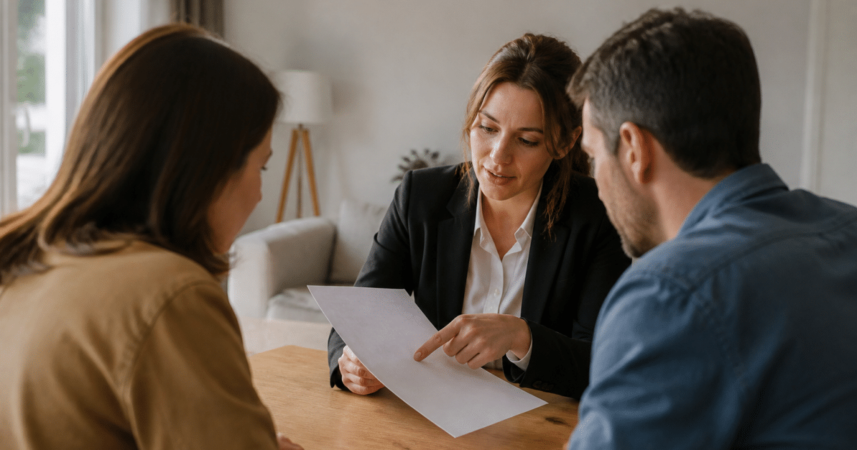 Agent immobilier montrant document prix vente maison client