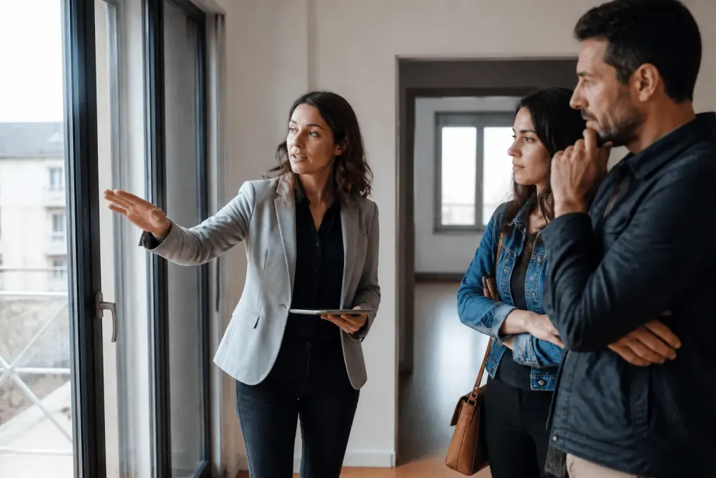 Agent immobilier montrant propriete a clients interesses