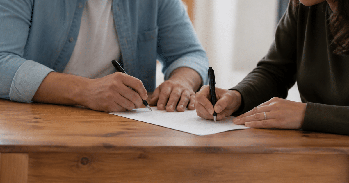 Deux personnes signant document immobilier sur bureau bois