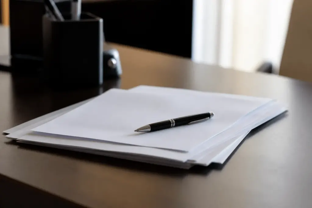 Documents contractuels et stylo sur bureau professionnel