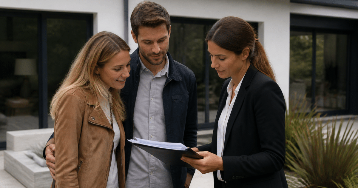 Couple consultant document contrat devant maison moderne