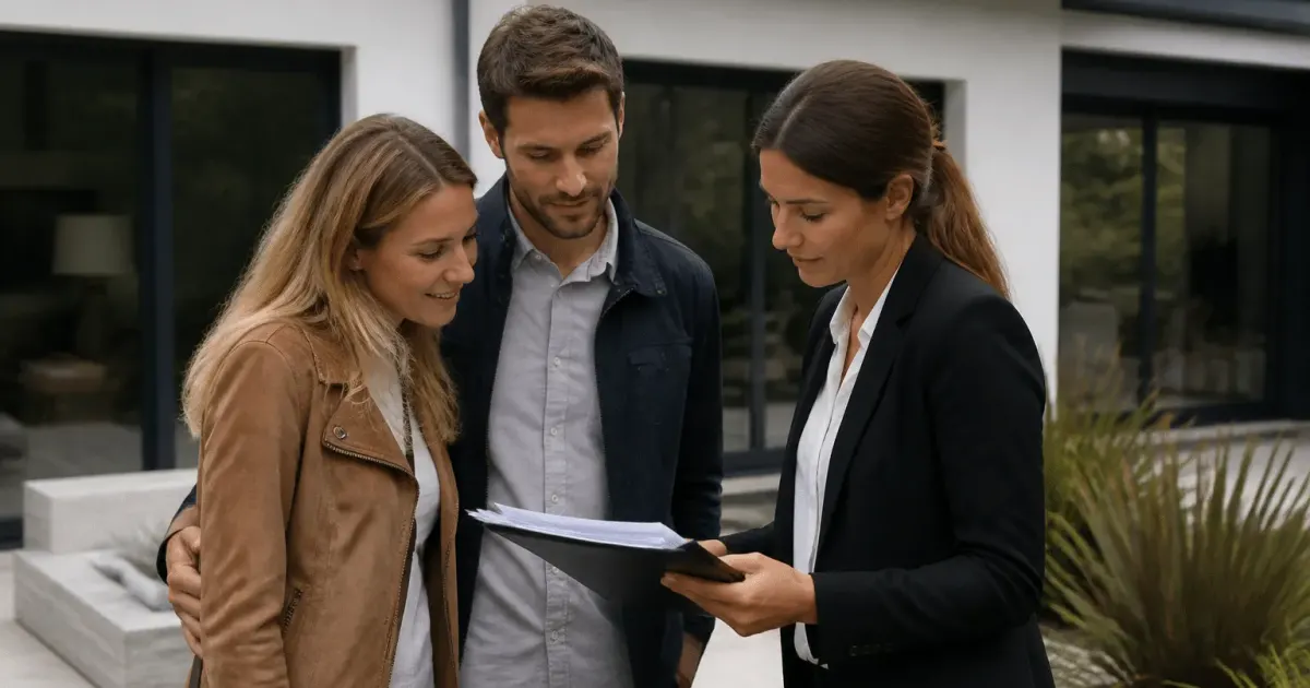 Couple consultant document contrat devant maison moderne
