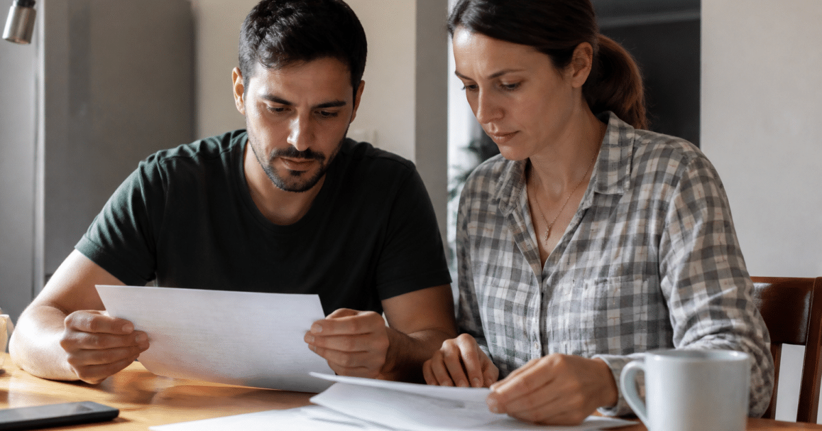Couple examinant documents pret immobilier sur table