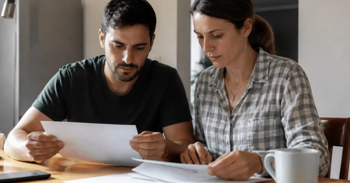 Couple examinant documents pret immobilier sur table