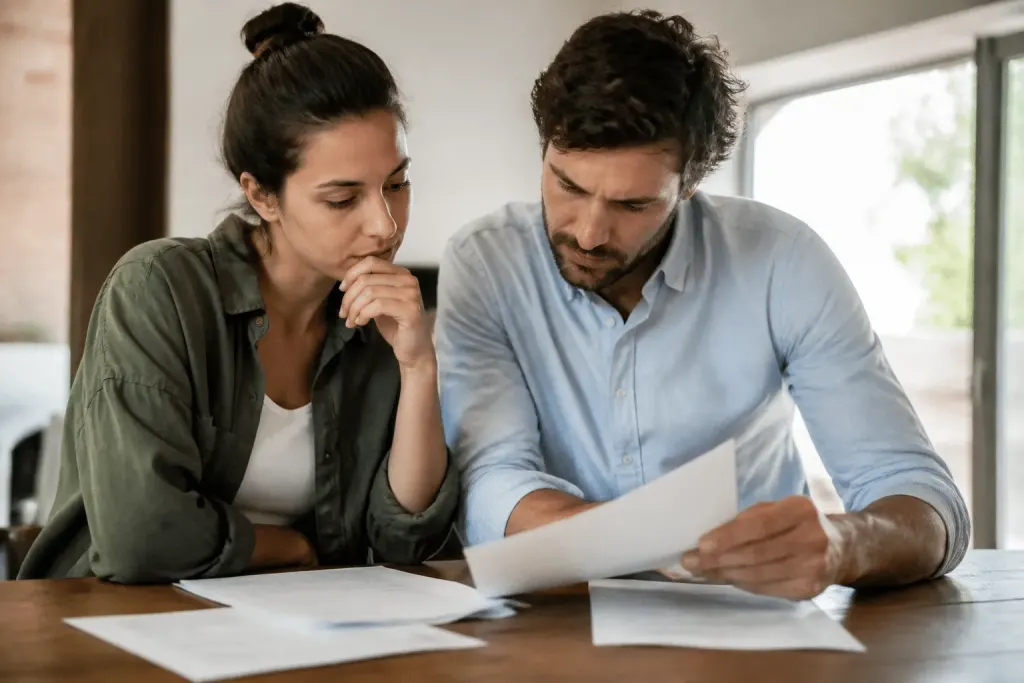 Couple examinant documents hypothecaires autour table bois
