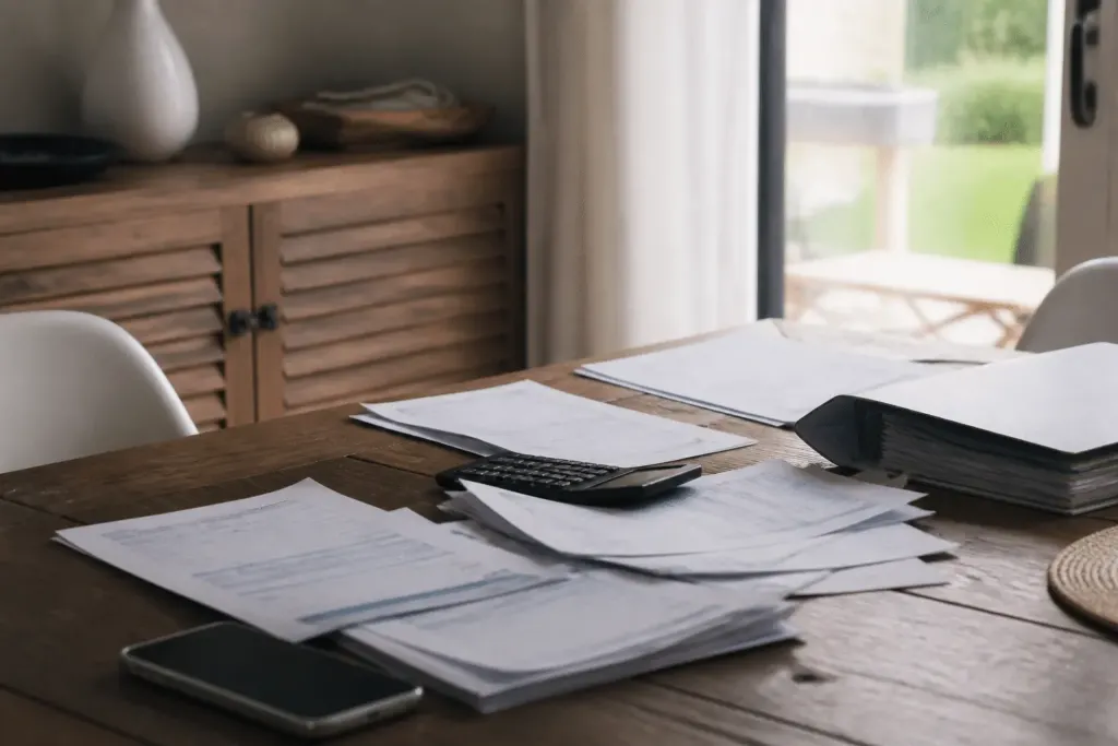 Formulaires fiscaux et documents pret immobilier sur bureau