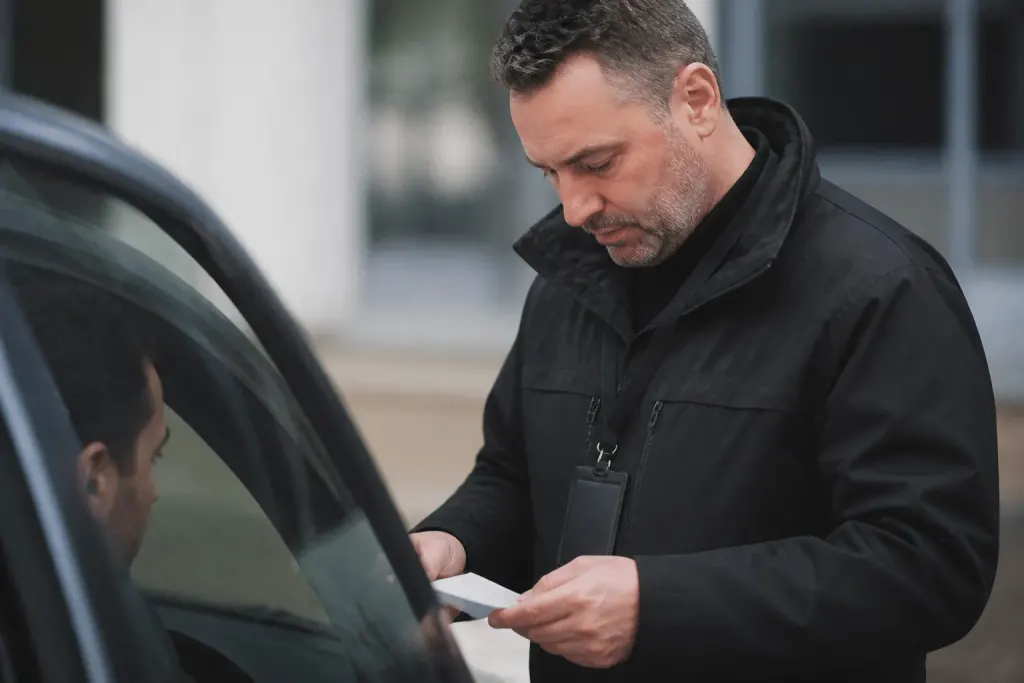 Professionnel certifié vérifiant documents avec badge accréditation
