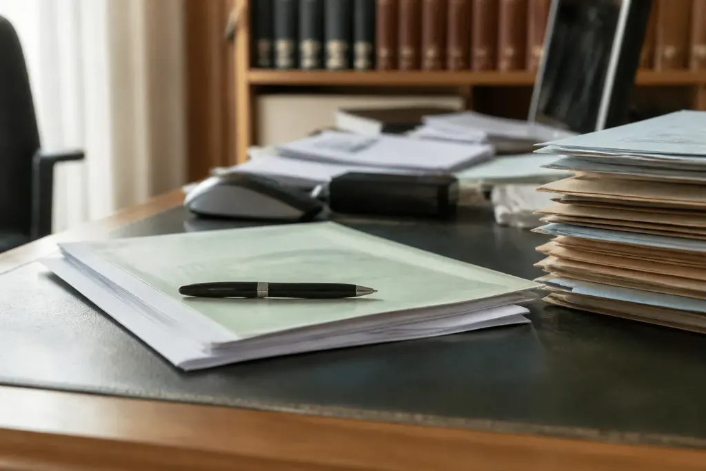 Documents bancaires et stylo sur bureau notaire