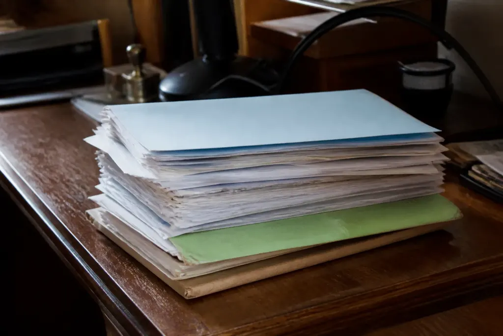 Documents officiels empilés avec titre propriete et jugement visibles