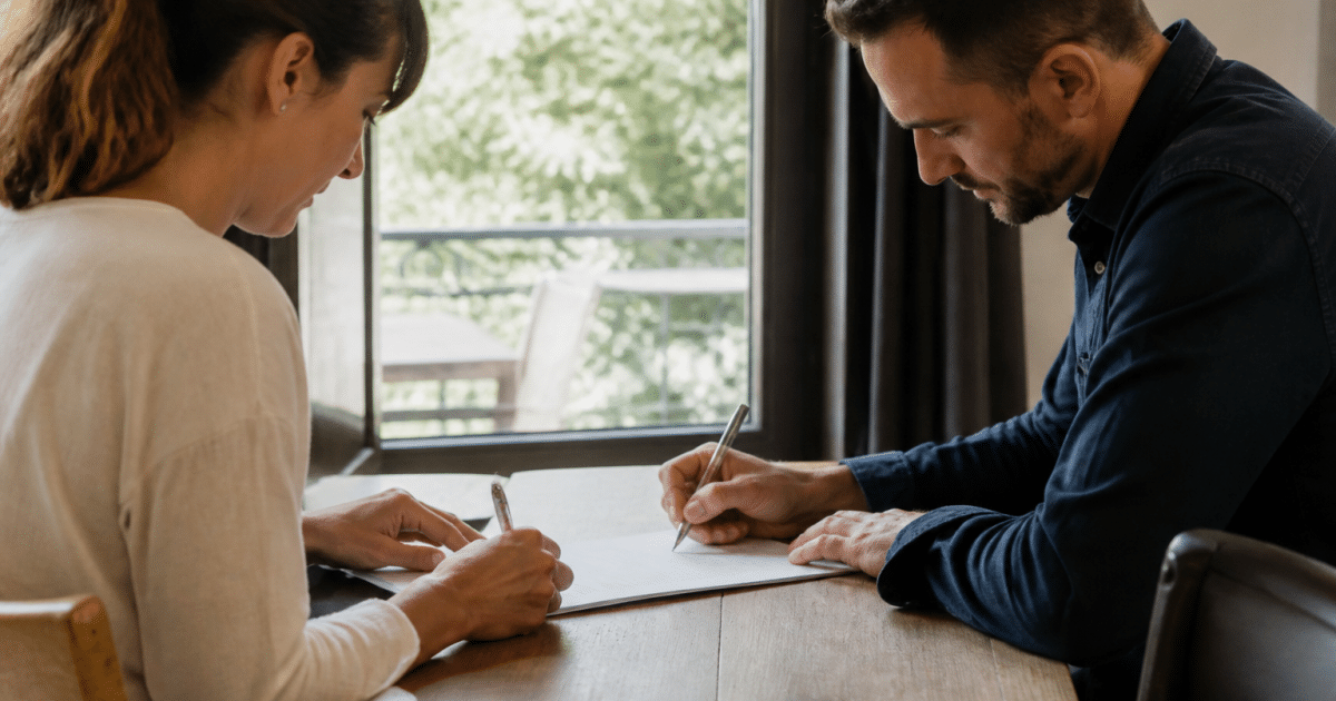 Deux personnes signant documents immobiliers assis face à face