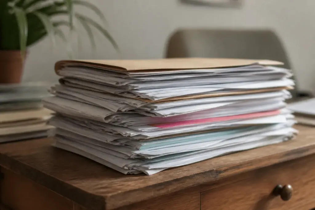 Dossier administratif avec documents empiles et signatures en progression