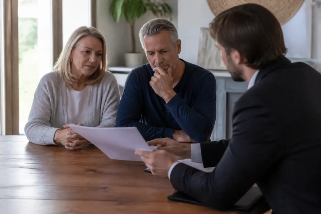 Agent immobilier montrant documents estimation propriete client