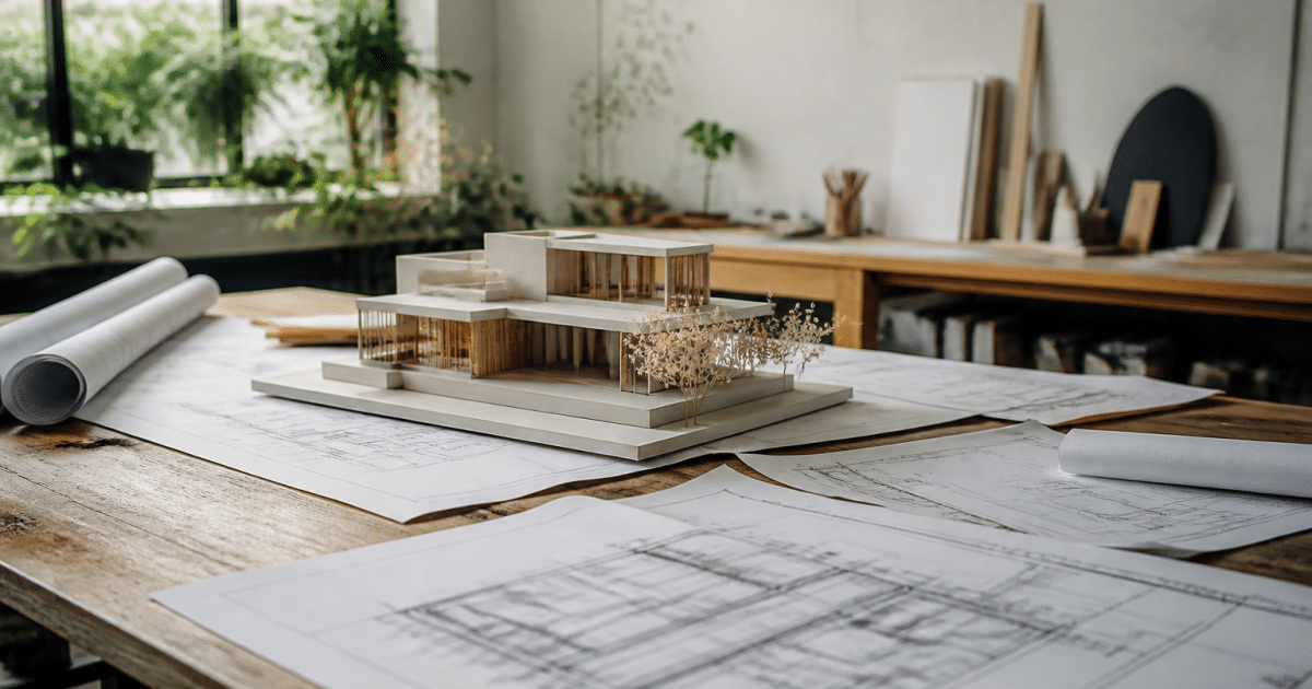 Plans de construction etales sur table avec maquette batiment