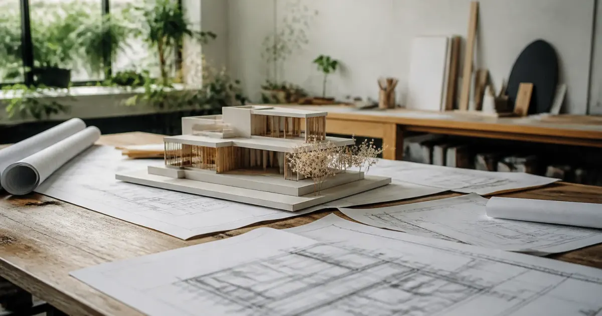 Plans de construction etales sur table avec maquette batiment