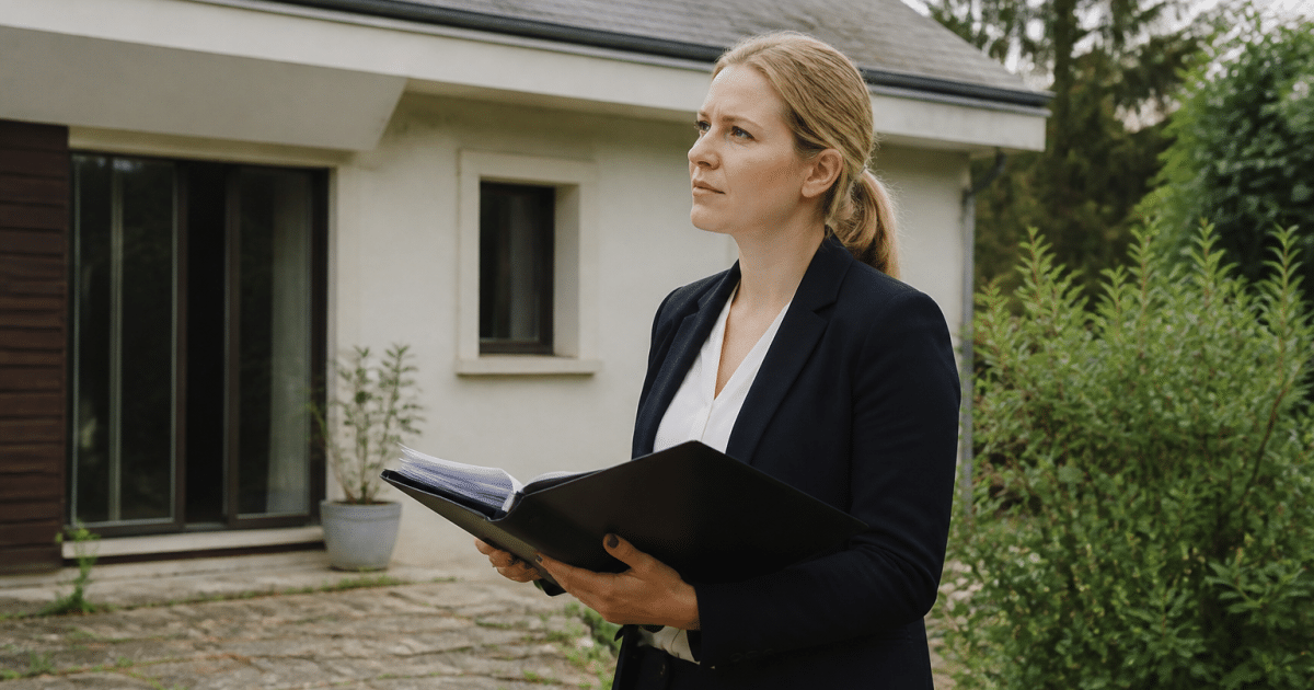 Agent immobilier tenant documents devant maison
