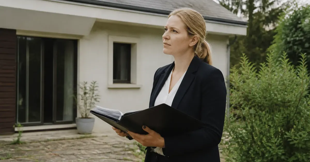 Agent immobilier tenant documents devant maison
