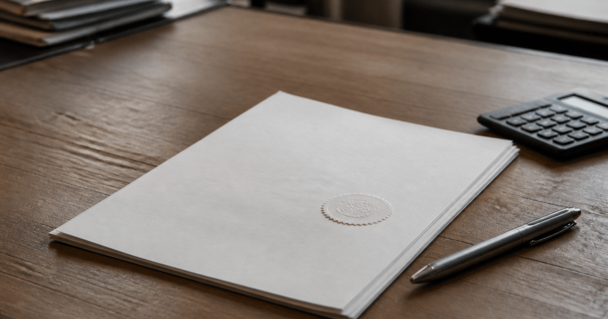 Document notarié posé sur bureau avec stylo et calculatrice
