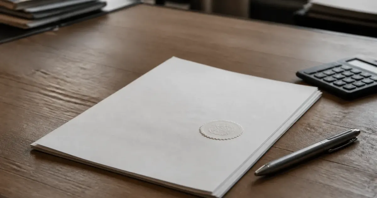 Document notarié posé sur bureau avec stylo et calculatrice