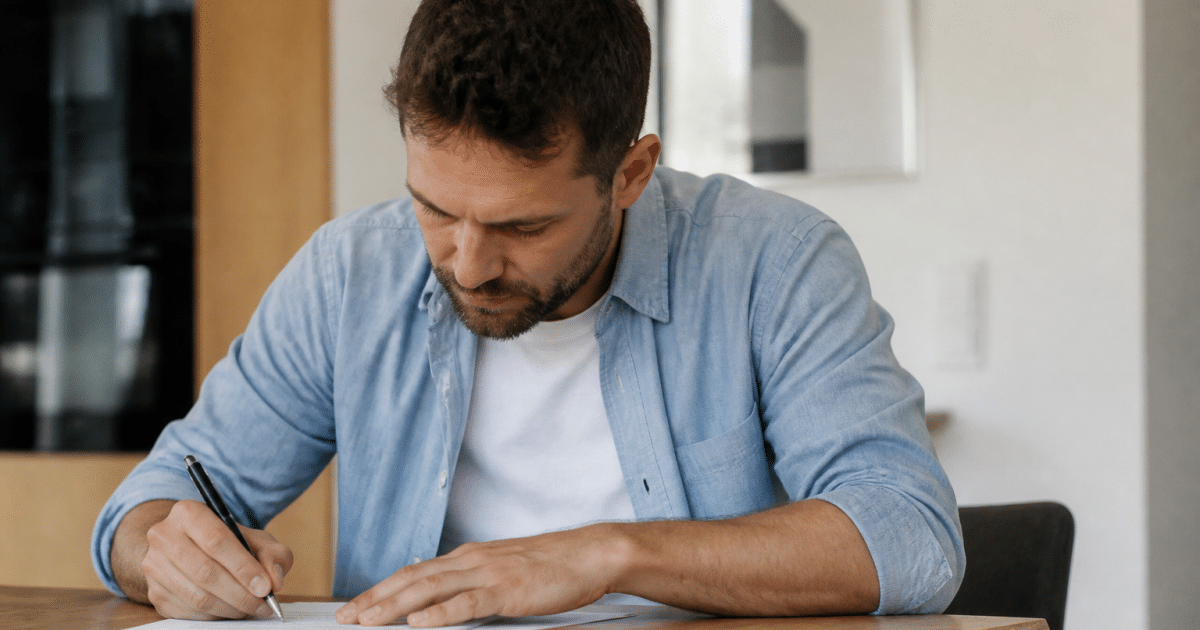 Homme seul signe documents pret immobilier table