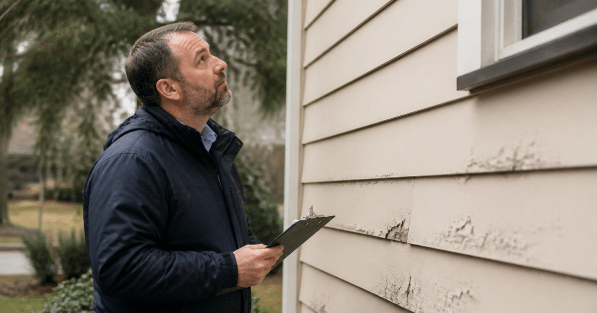 Inspecteur tenant clipboard examine mur maison attentivement