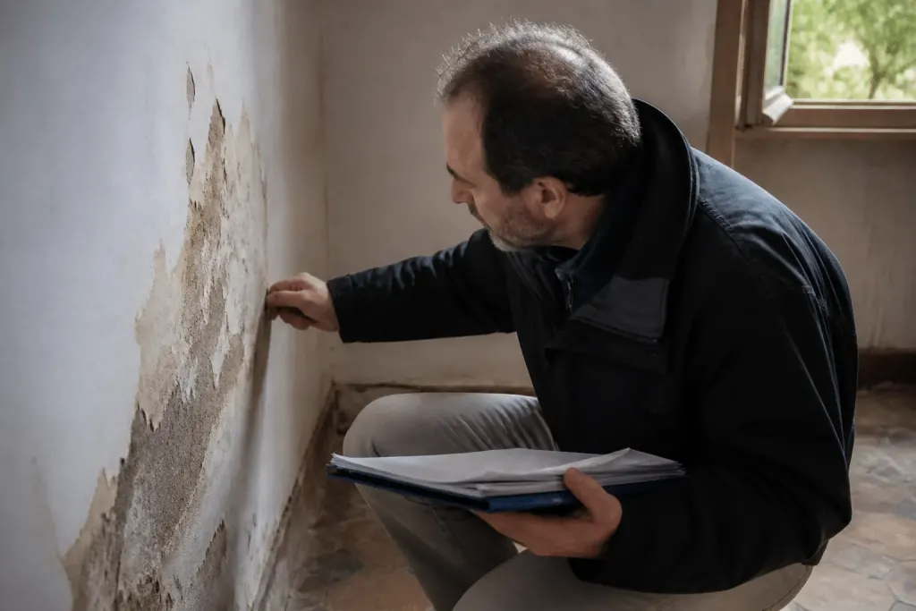 Inspecteur examinant murs maison avec documents diagnostics