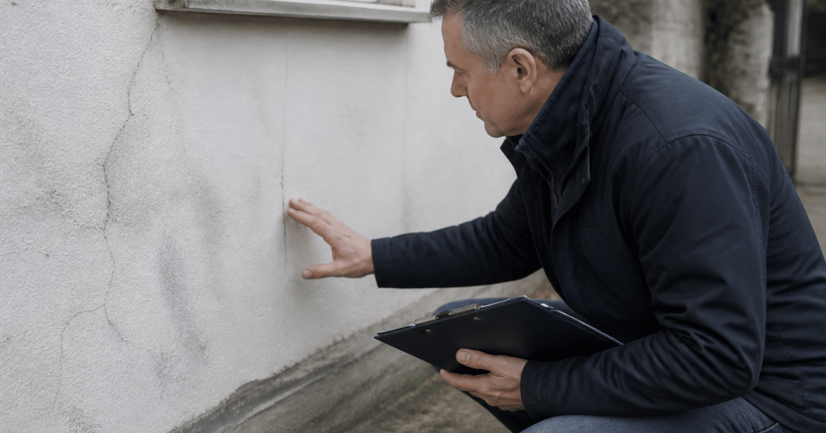 Inspecteur examine murs fissures maison avec presse-papiers