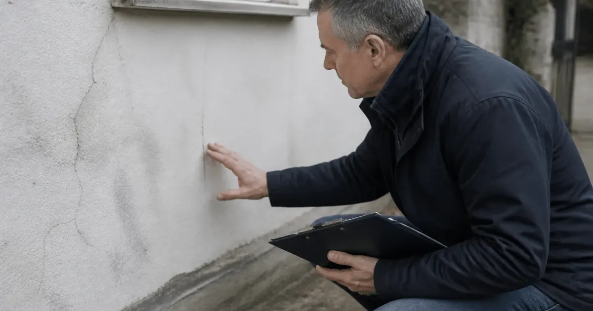 Inspecteur examine murs fissures maison avec presse-papiers