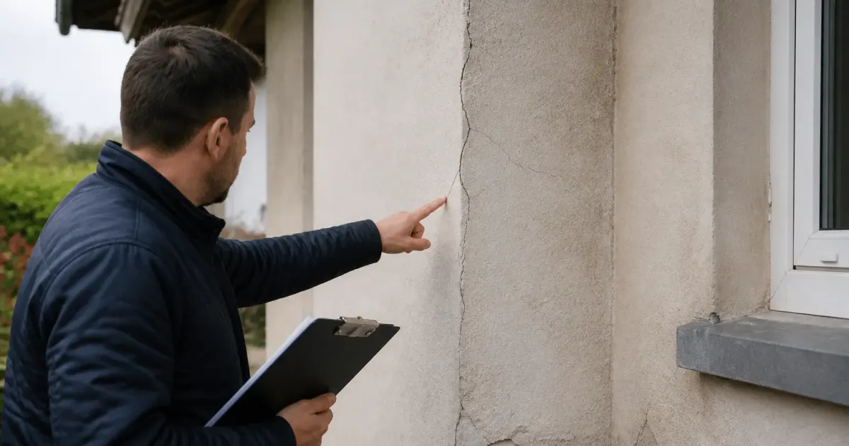 Inspecteur verifiant murs fissures maison avant transaction immobiliere