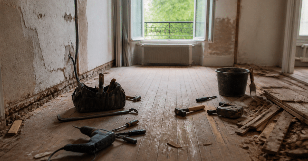 Maison en renovation avec outils etalement sur sol