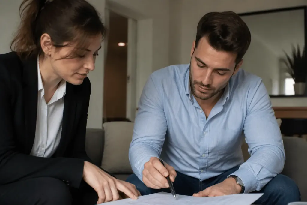 Deux personnes comparent documents immobiliers avec stylo