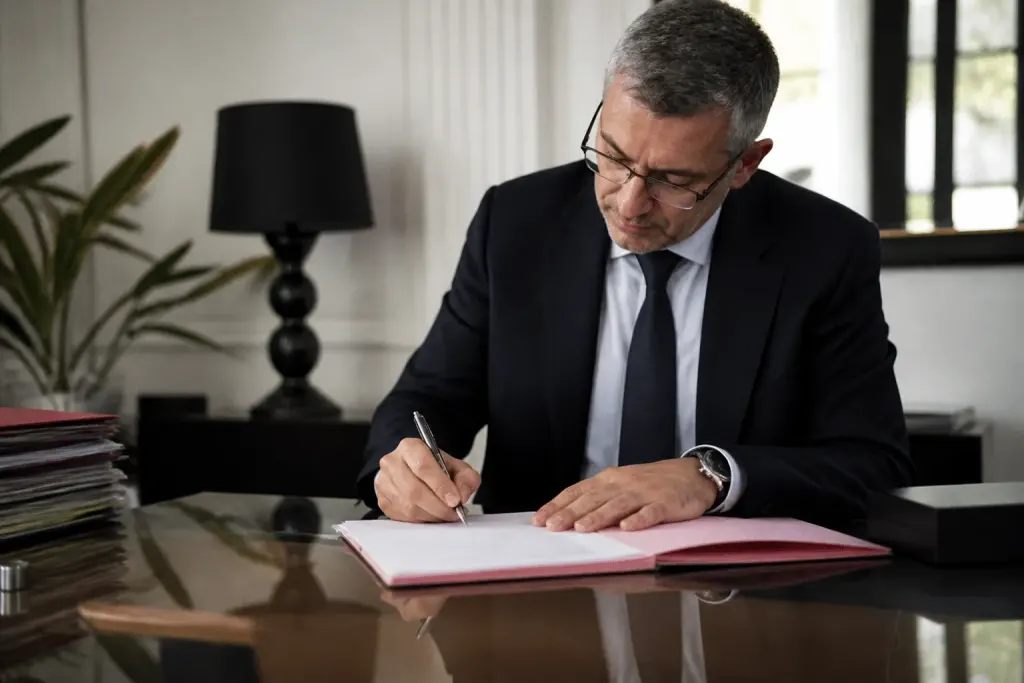 Notaire signant document immobilier avec stylo noir