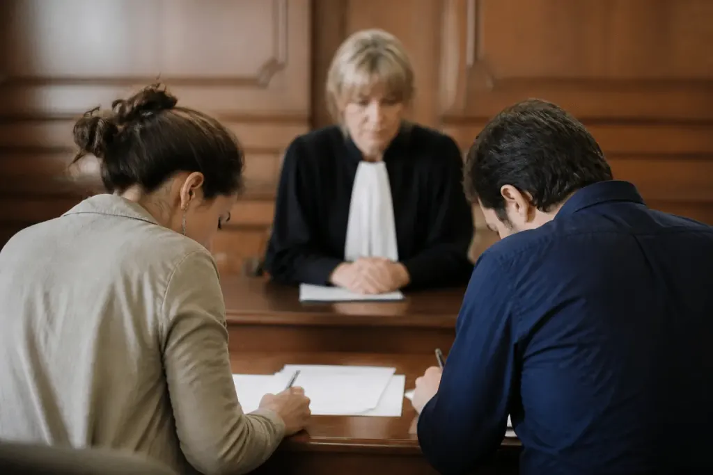 Deux personnes signant des documents devant un juge
