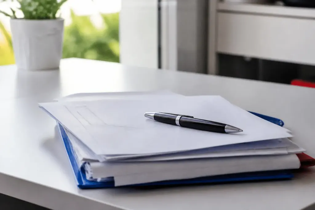 Documents pret immobilier avec stylo sur bureau blanc
