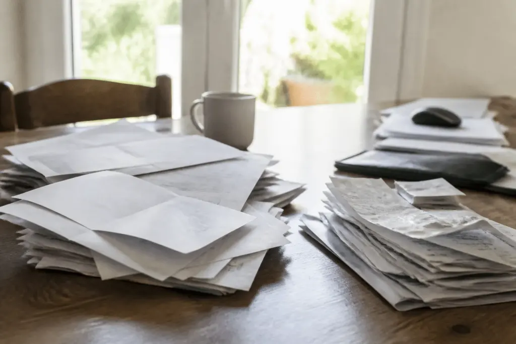 Relevés bancaires et quittances étalés sur bureau