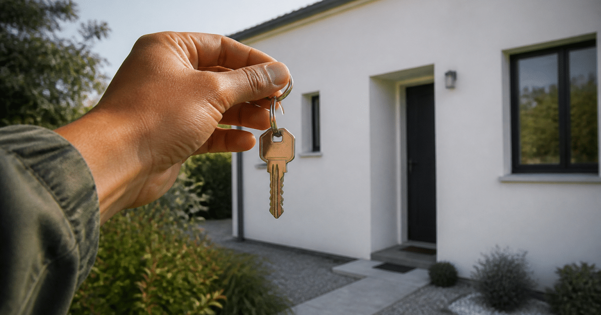 Personne tenant les cles devant facade maison blanche