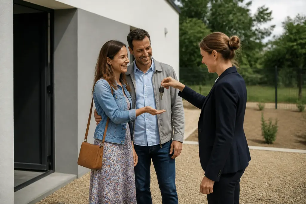 Agent immobilier remettant clés devant maison neuve