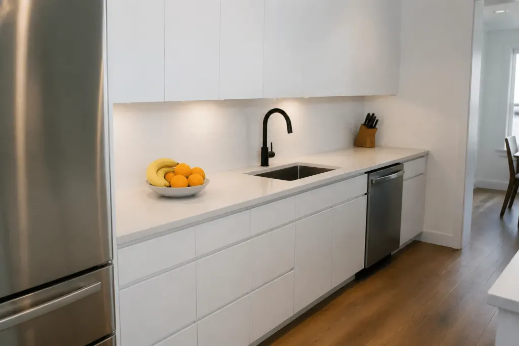 Cuisine renovee moderne avec comptoirs neufs et armoires blanches
