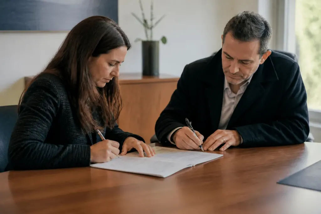 Deux personnes signent un document officiel à un bureau notarial