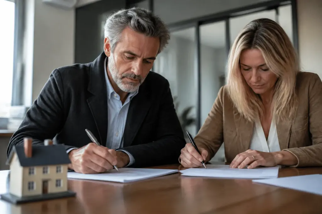 Deux proprietaires signant documents partage immobilier bureau