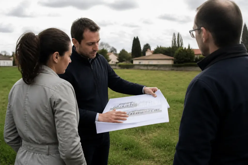 Agent immobilier montrant terrain constructible avec plans architecturaux