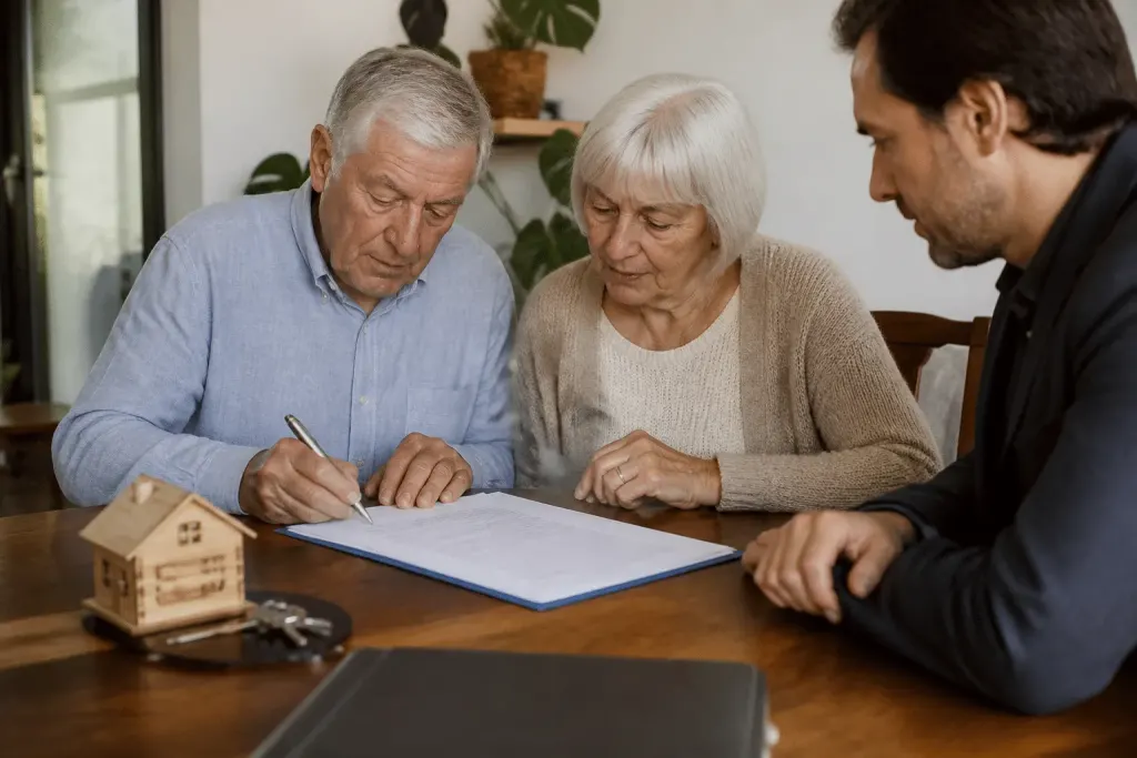 Documents immobiliers et signatures montrant transmission patrimoniale familiale