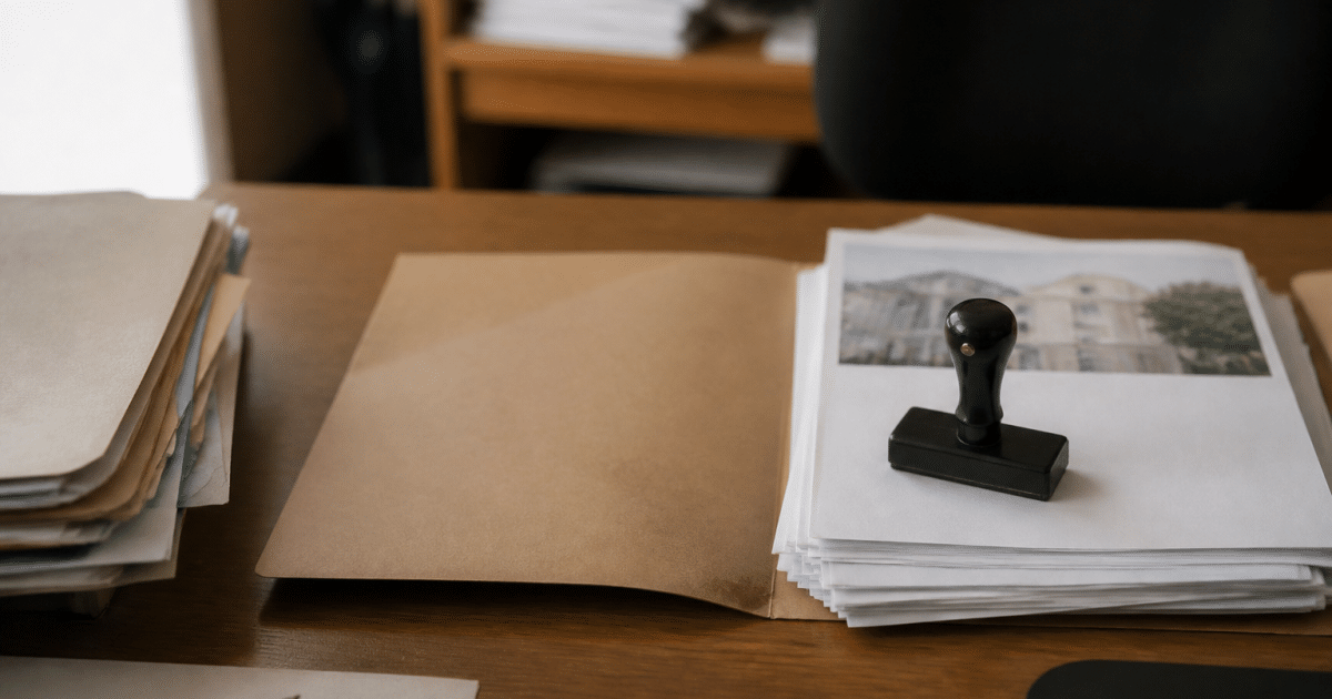 Dossier administratif ouvert sur bureau avec documents immobiliers et cachet officiel