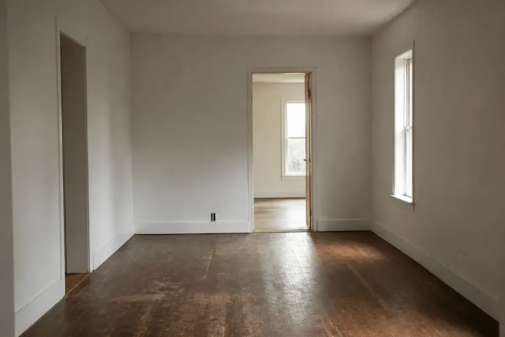 Maison vide avec murs blancs et plancher usé.