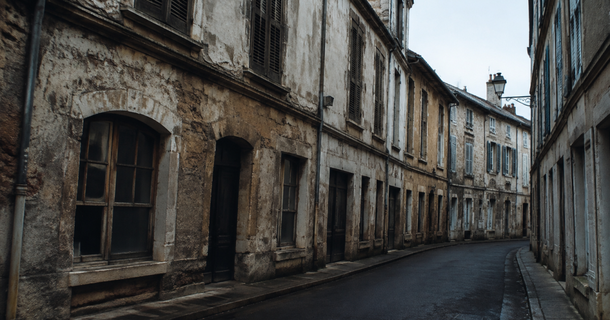 Facades croulantes surplombent une chaussee desert et sombre
