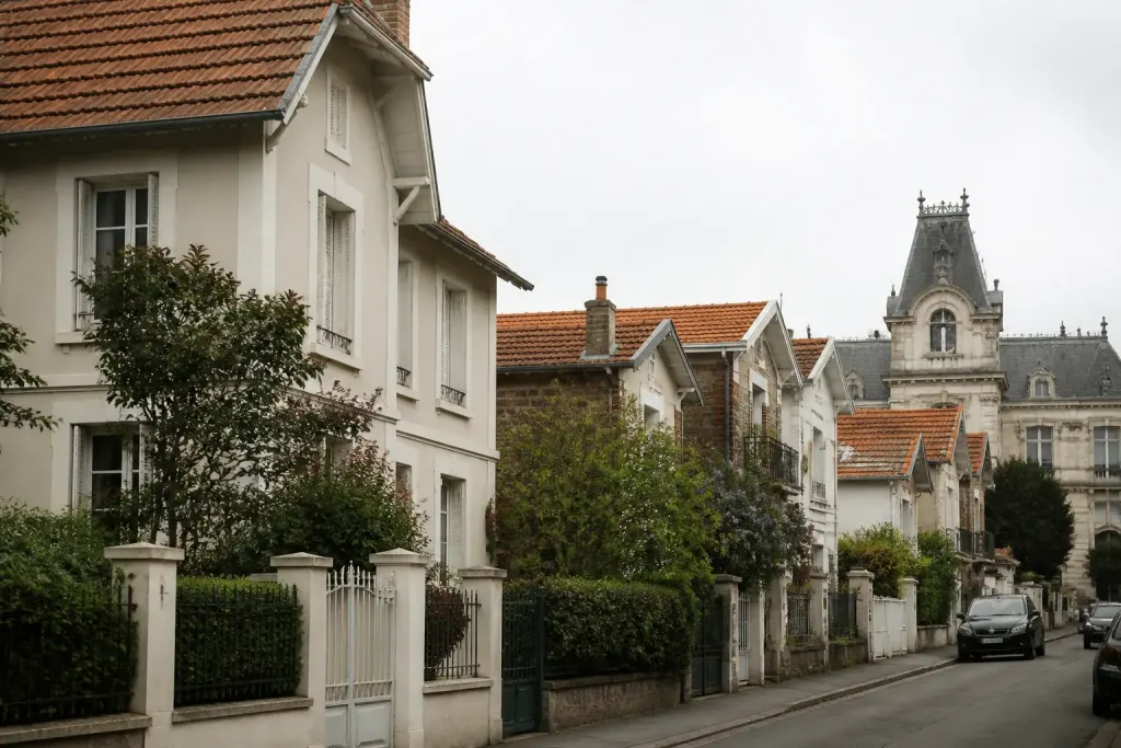 Quartier résidentiel avec mairie historique et immeubles pavillonnaires
