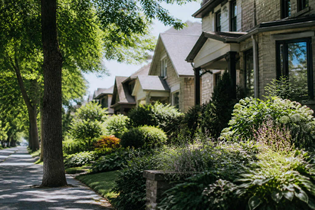 Maisons individuelles avec jardins paysagers sur rue ombragee