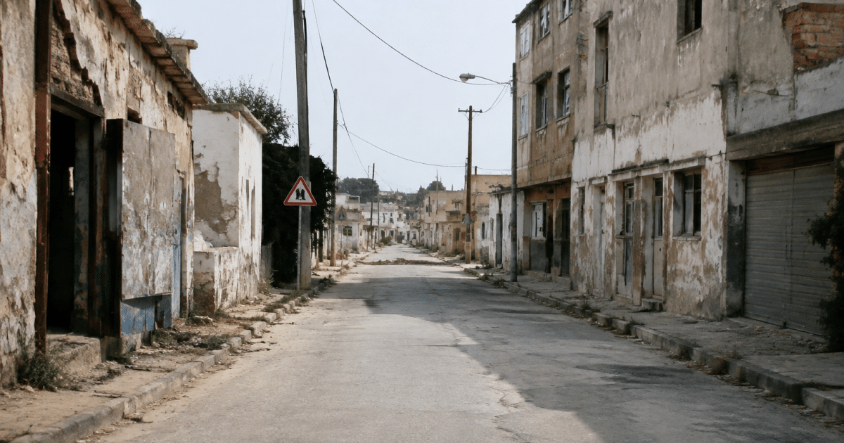 Rues desertes avec batiments degrades et panneaux d'avertissement visibles