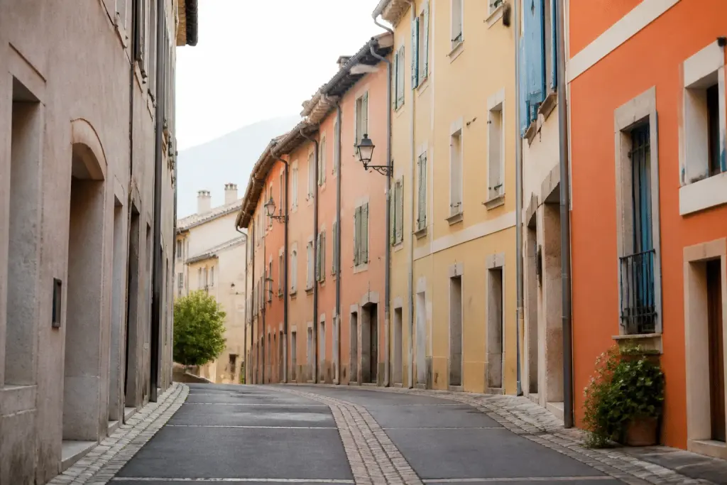 Rues paisibles avec facades colorees et panneaux directionnels Gap
